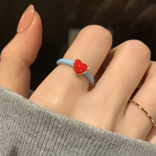 太溫柔 手飾潮 紅色愛心撞色戒指女ins小眾設(shè)計感滴釉指環(huán)2025新款