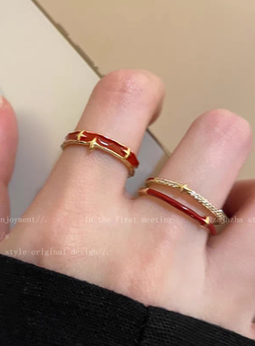 复古双层叠戴星星镂空戒指女红色本命年开口指环个性食指戒尾戒潮