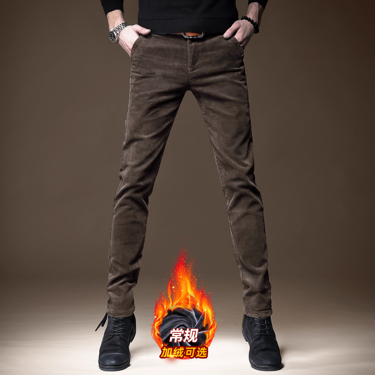 香港高端驼色灯芯绒休闲裤男士修身小脚裤冬季加绒商务条绒长裤子