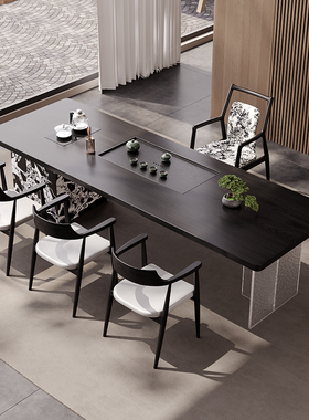 现代简约办公室家用客厅实木茶桌长方形轻奢设计师黑色高级感茶几