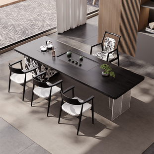 现代简约办公室家用客厅实木茶桌长方形轻奢设计师黑色高级感茶几