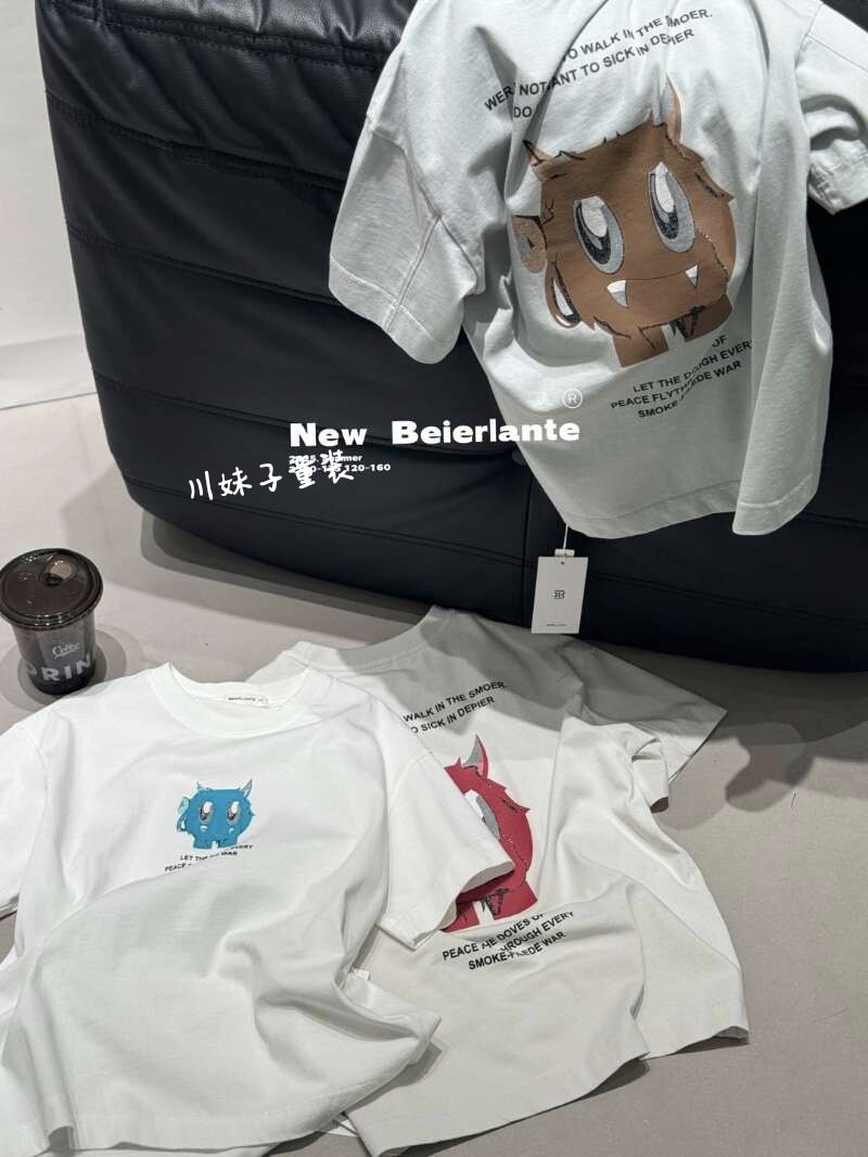 贝尔兰特中大童T恤纯棉浅蓝卡通小牛学生青少年半袖韩版宽松潮