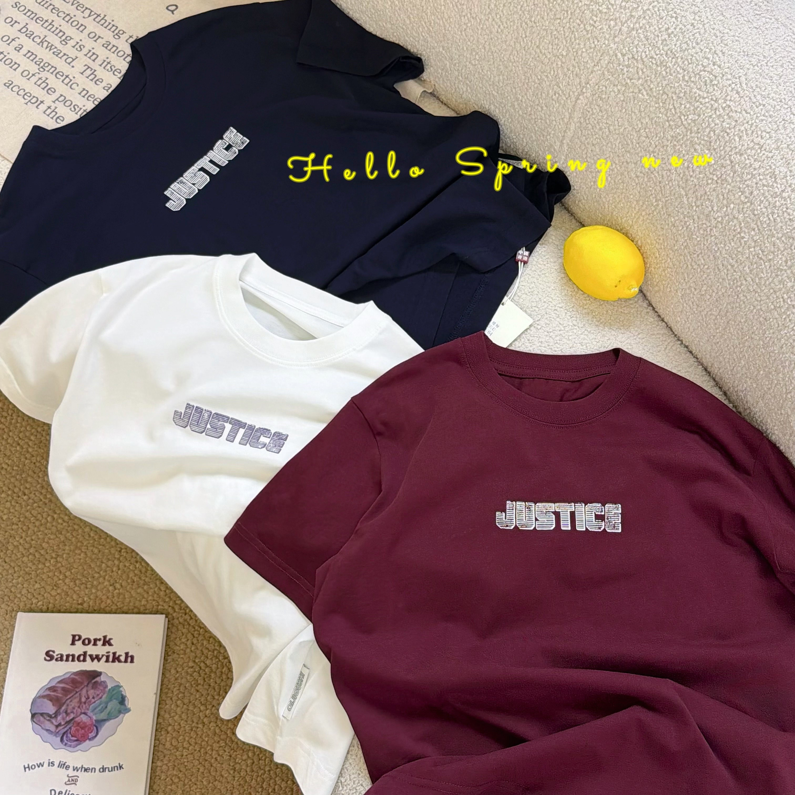 奇迹故事大童T恤纯棉藏青just字母学生青少年半袖韩版宽松潮