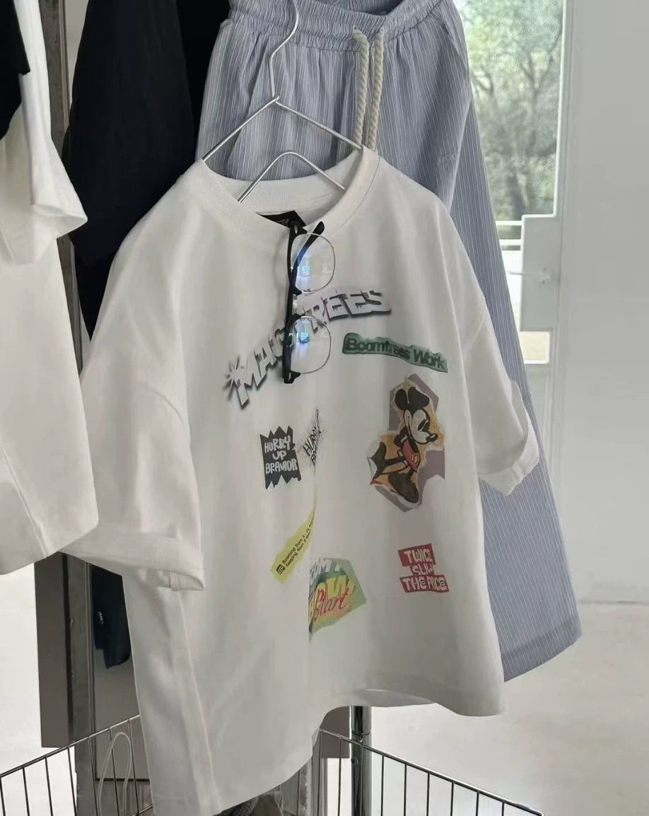 品牌中大童纯棉T恤黑白色卡通米奇韩版宽松学生半袖青少年短袖