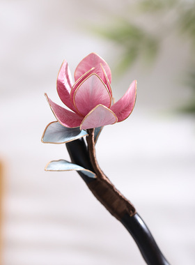 中国非遗绒花发簪手工原创檀木簪子国风汉服旗袍配饰荷花菡萏发钗