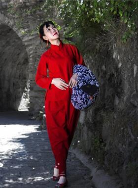 九儿演出服装女村姑陕北衣服成人儿红色棉麻小品同款拍照民族