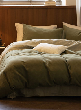 南风四件套 refresh芮夫 秋冬款纯棉亲肤绿色提花条纹床单床笠