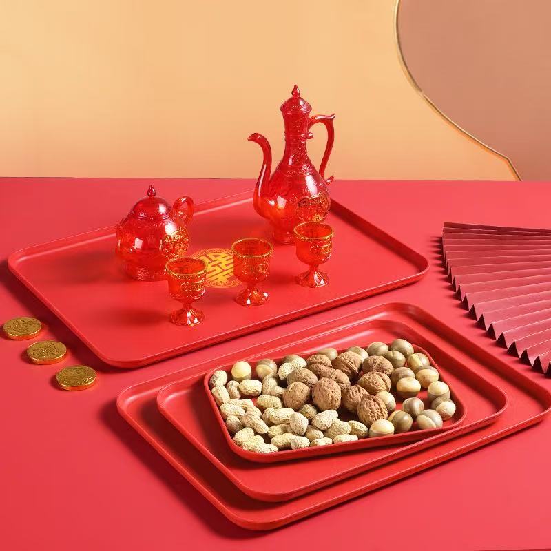 新中式喜庆婚庆红色长方形托盘
