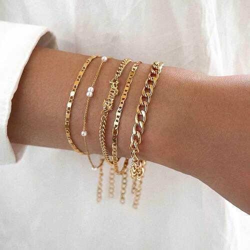 5Pcs Trendy Chain Bracelet Set For Women Angel Letter Gold S