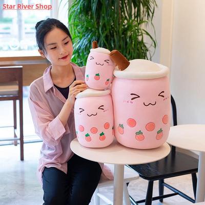 Cute Boba Milk Tea Plushie Toy Soft Stuffed Apple Pink Straw