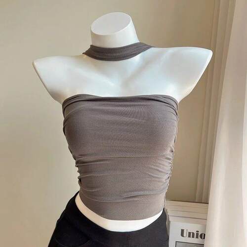 Double Fold Halter Neck Sleeveless Vest Top Woman Summer T-s