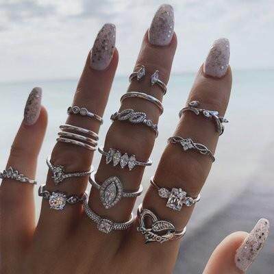 15pcs set Diamond love rings women女士覆古镂空镶钻戒指15件套