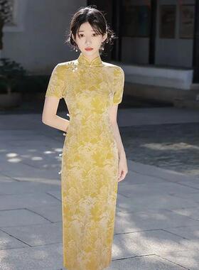 Chinese Traditional Dress Yellow Cheongsam Modern Flower Lon