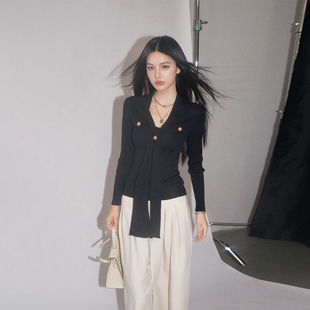 高级感气质打底V领长袖 DUO小香风飘带针织衫 OLIVIA 上衣 现货