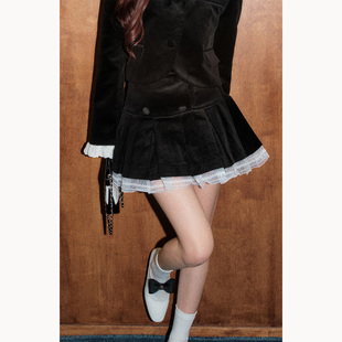 拼接高腰短款 OLIVIA 新款 宫廷蕾丝丝绒半裙2025年冬季 半身裙 DUO