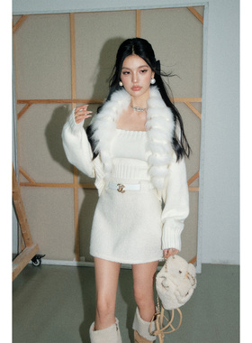 【现货】OLIVIA DUO毛毛拼接两件套新款针织毛领披肩外套抹胸套装