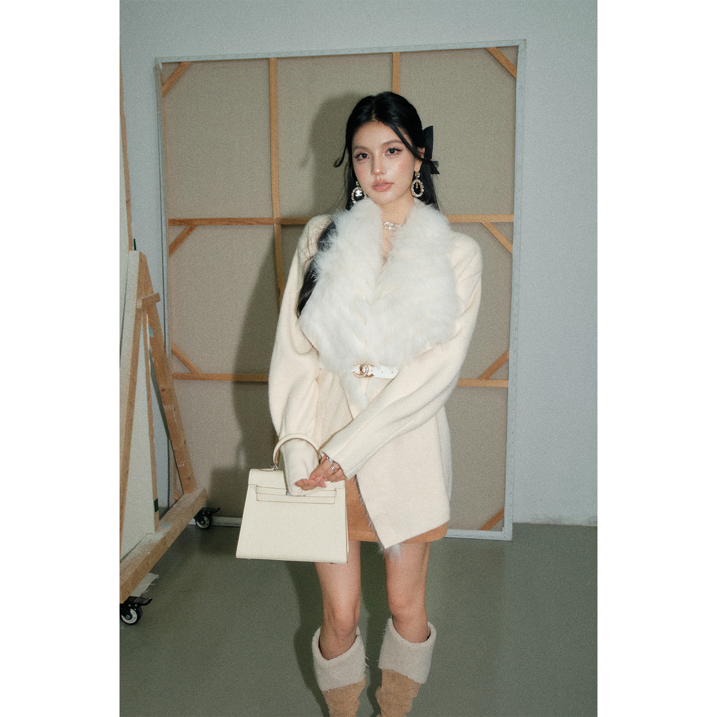 OLIVIA DUO 狐狸毛开衫2025年冬季新款千金感拼接针织毛衣厚外套