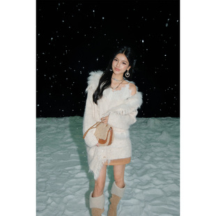 2025冬季 狐狸毛翻领开衫 拼接保暖针织宽松慵懒风外套 DUO OLIVIA