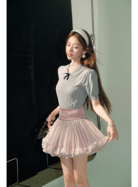 OLIVIA DUO娃娃领蝴蝶结上衣2026夏季麻花短款莱赛尔轻薄女针织衫