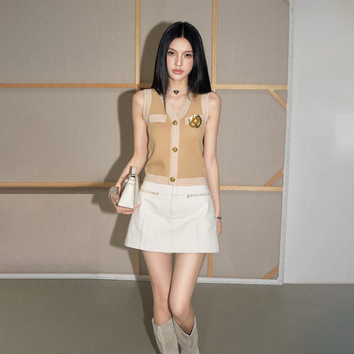 【现货】OLIVIA DUO拼色V领针织无袖秋季小香风针织衫V领上衣小衫