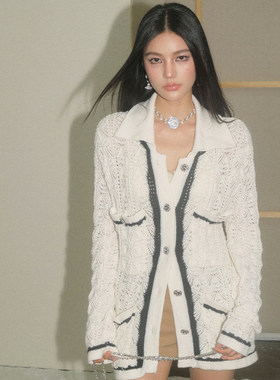 【现货】OLIVIA DUO法式镂空针织开衫小香风撞色翻领长袖毛衣外套