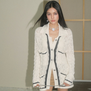 现货 小香风撞色翻领长袖 OLIVIA 镂空针织开衫 毛衣外套 DUO法式