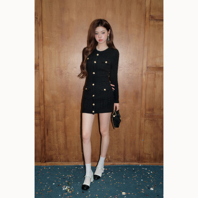 【现货】OLIVIA DUO金扣针织连衣裙小香风纯色收腰显瘦长袖包臀裙