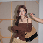 现货 OLIVIA DUO荡领挂脖上衣秋季 韩系气质收腰修身 一字肩T恤