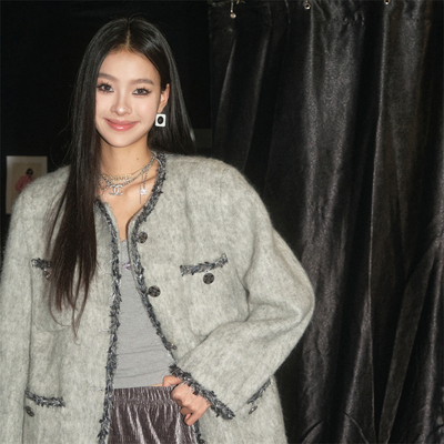 OLIVIA DUO羊毛浅灰小香外套气质穿搭上衣秋新款百搭时尚