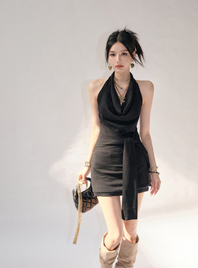 【现货】OLIVIA DUO挂脖荡领连衣裙性感纯欲显瘦高级感收腰连衣裙