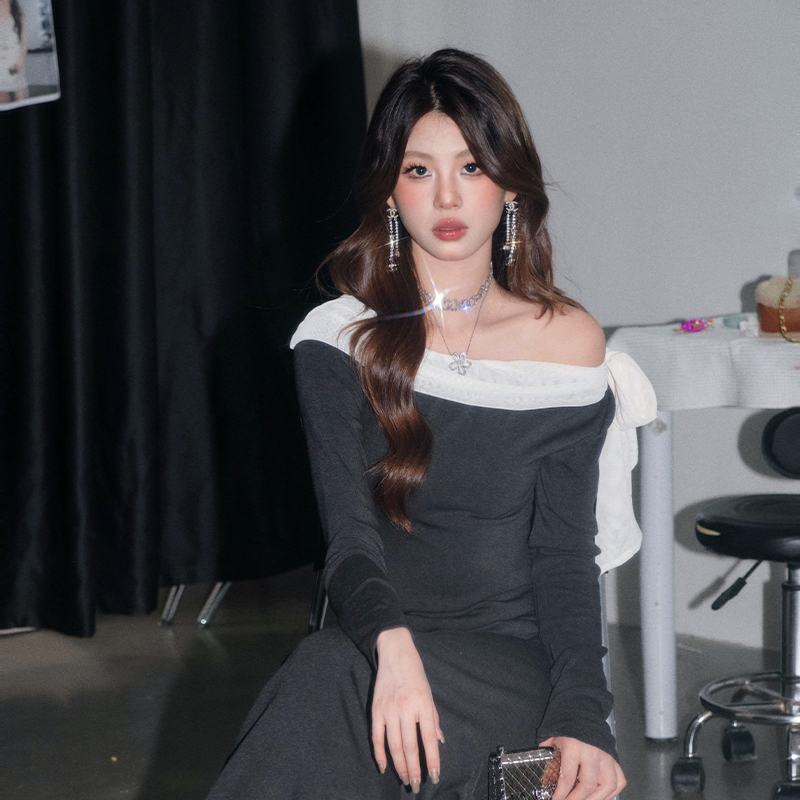 OLIVIA DUO飘带一字肩连衣裙早秋新款法式赫本风拼接设计感长裙