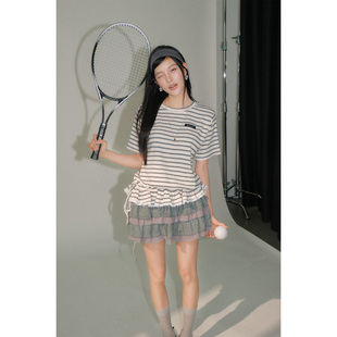 休闲风蕾丝拼接荷叶边短袖 OLIVIA DUO条纹花边上衣2026春夏新款