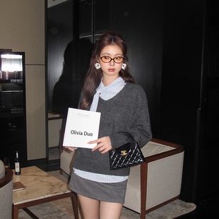 DDUO英伦灰毛衣v领长袖 OLIVIA 秋冬内搭叠穿套头休闲穿搭 现货