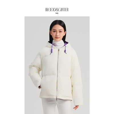 白色轻奢加厚短款连帽鹅绒羽绒服