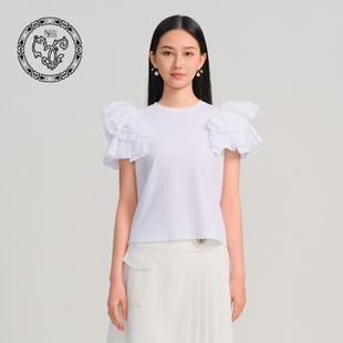 blood&glitter 璞德格骊春夏全棉纯色浪漫荷叶边圆领T恤