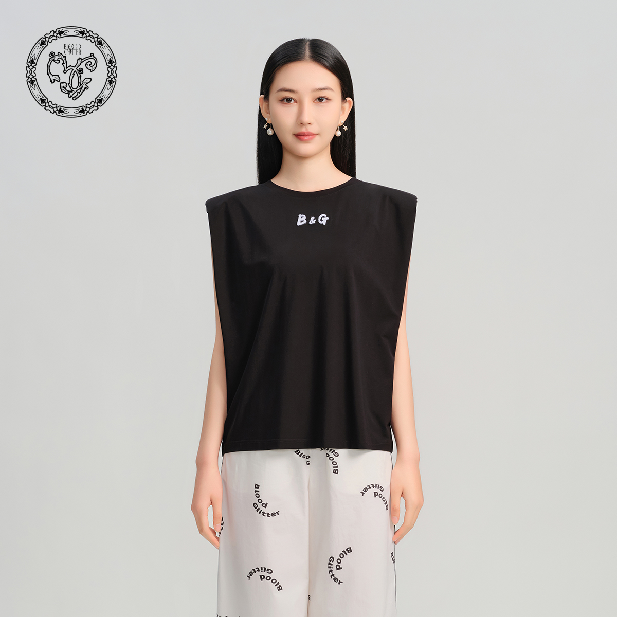 blood&glitter/璞德格骊春夏无袖宽肩显瘦气场上衣T恤