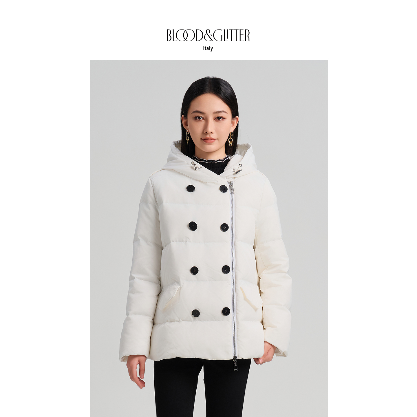 短款连帽双排扣拉链鹅绒羽绒服