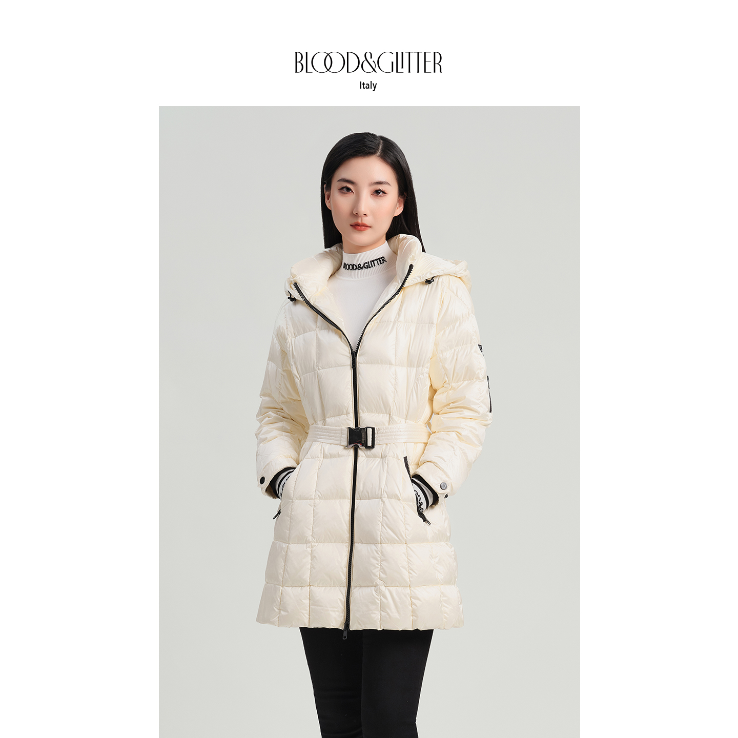 连帽收腰附腰带中长款鹅绒羽绒服