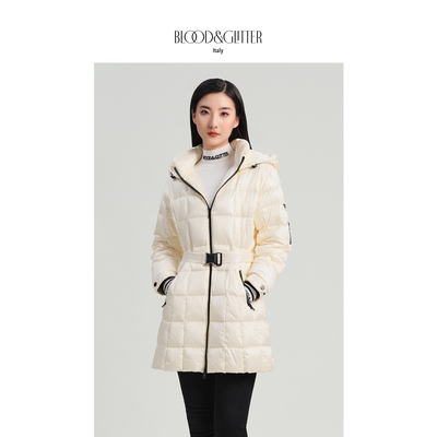 连帽收腰附腰带中长款鹅绒羽绒服