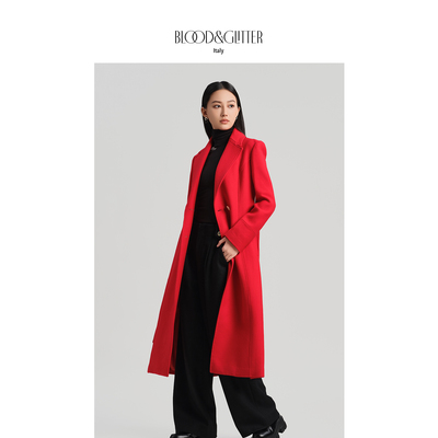 羊毛气质收腰金扣中长款毛呢大衣