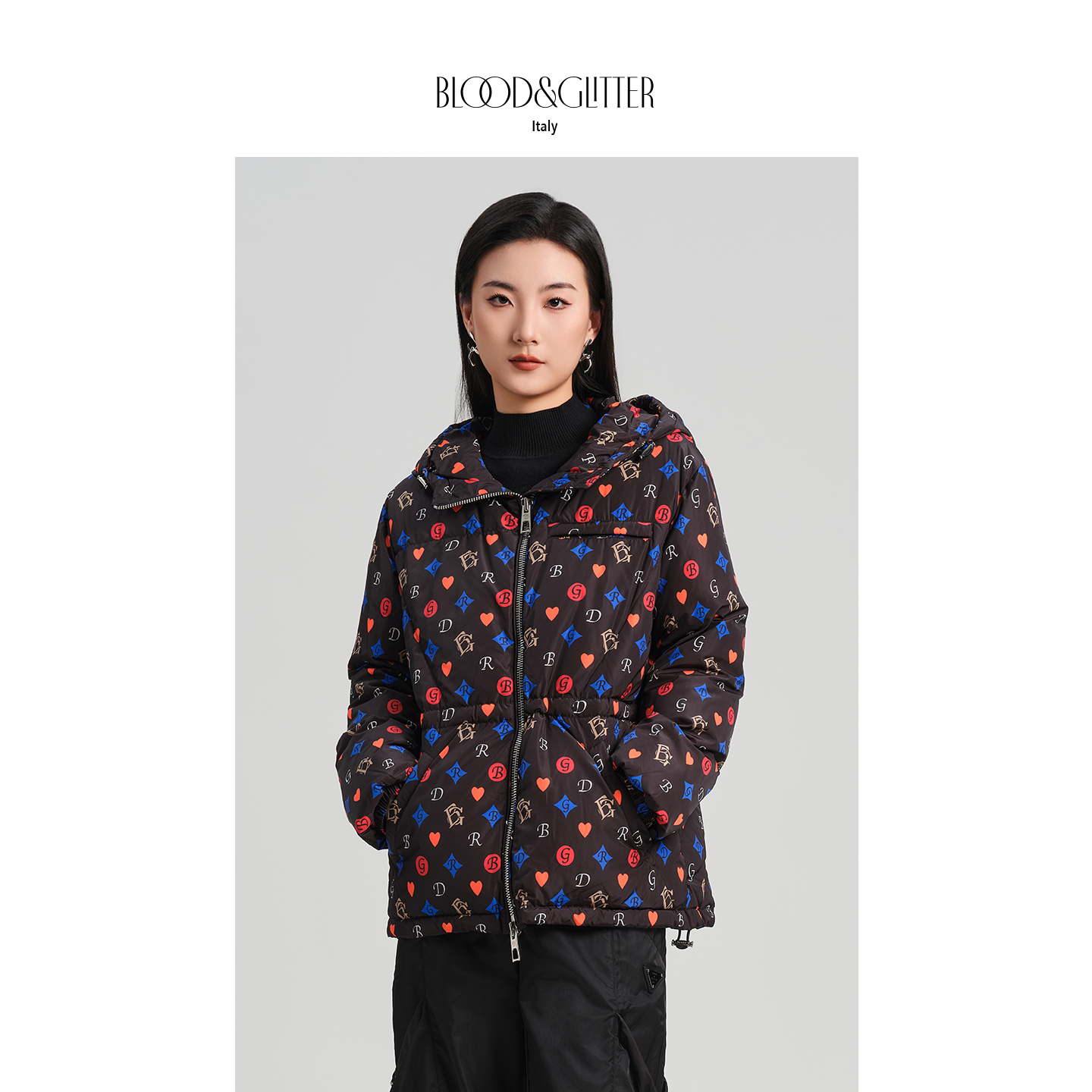 老花连帽轻奢短款90白鹅绒羽绒服