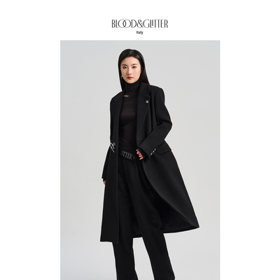 羊毛收腰压褶中长款气质毛呢大衣