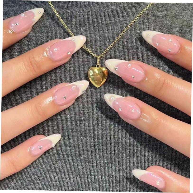 24Pcs Detachable Almond False Nails with Pearl Decoration El