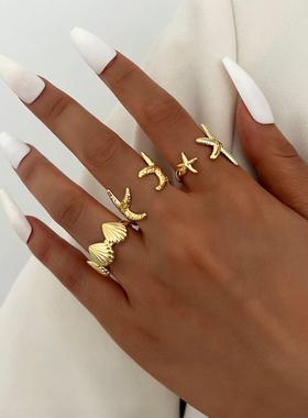 3-piece ring set跨境欧美新款沙滩风休闲 海星贝壳开 口戒指3件