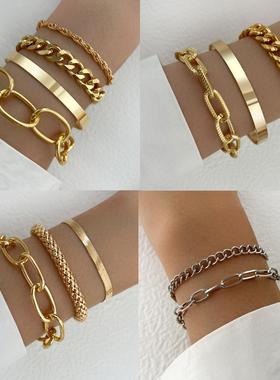 Metal bracelet set金属手镯套装粗链条手链光面多层开口手镯