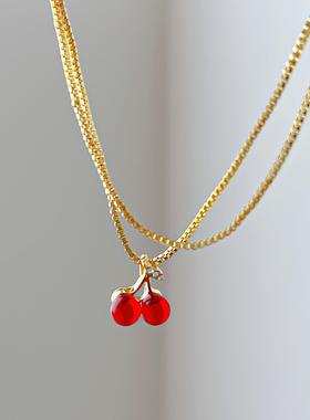 Red cherry pendant necklace women跨境红色樱桃吊坠项链女小众
