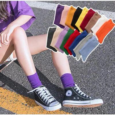 Girl Cotton High Socks Black White Solid Color Fashion Casua