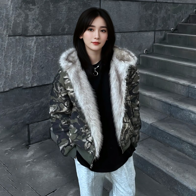 美式复古迷彩外套男冬季连帽加厚棉服高级设计感毛绒拼接棉衣外套