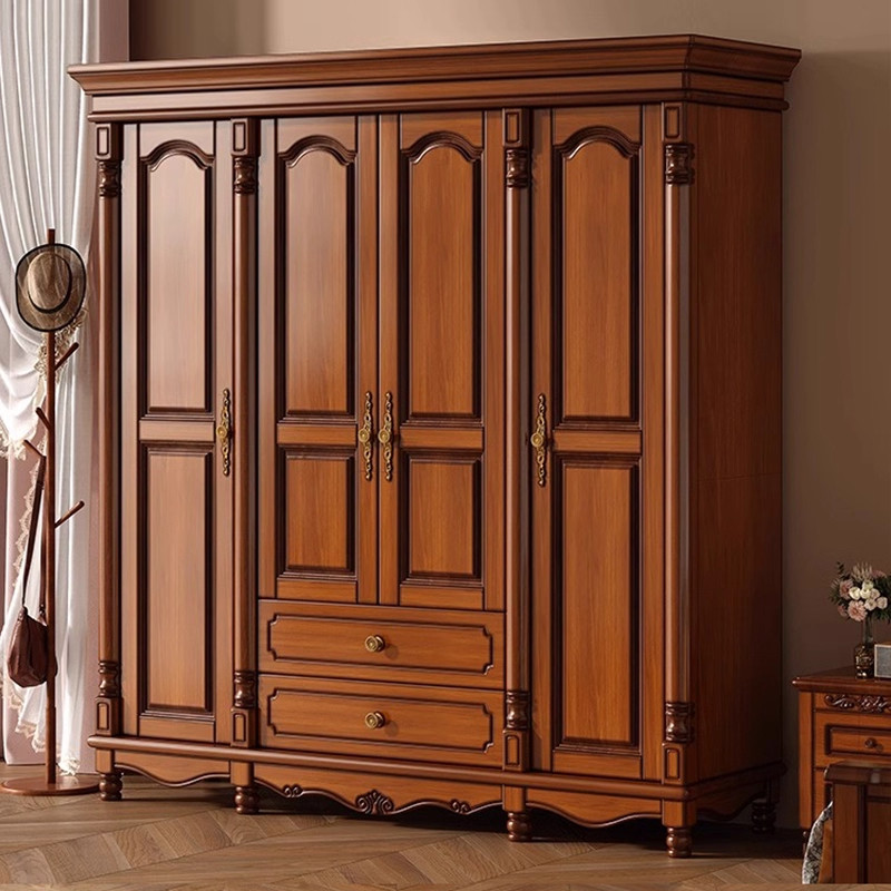 美式实木衣柜四门衣柜复古轻奢对开门主卧房室内大容量收纳储物柜
