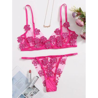 sexy lace Embroidered flower mesh see-through underwear set